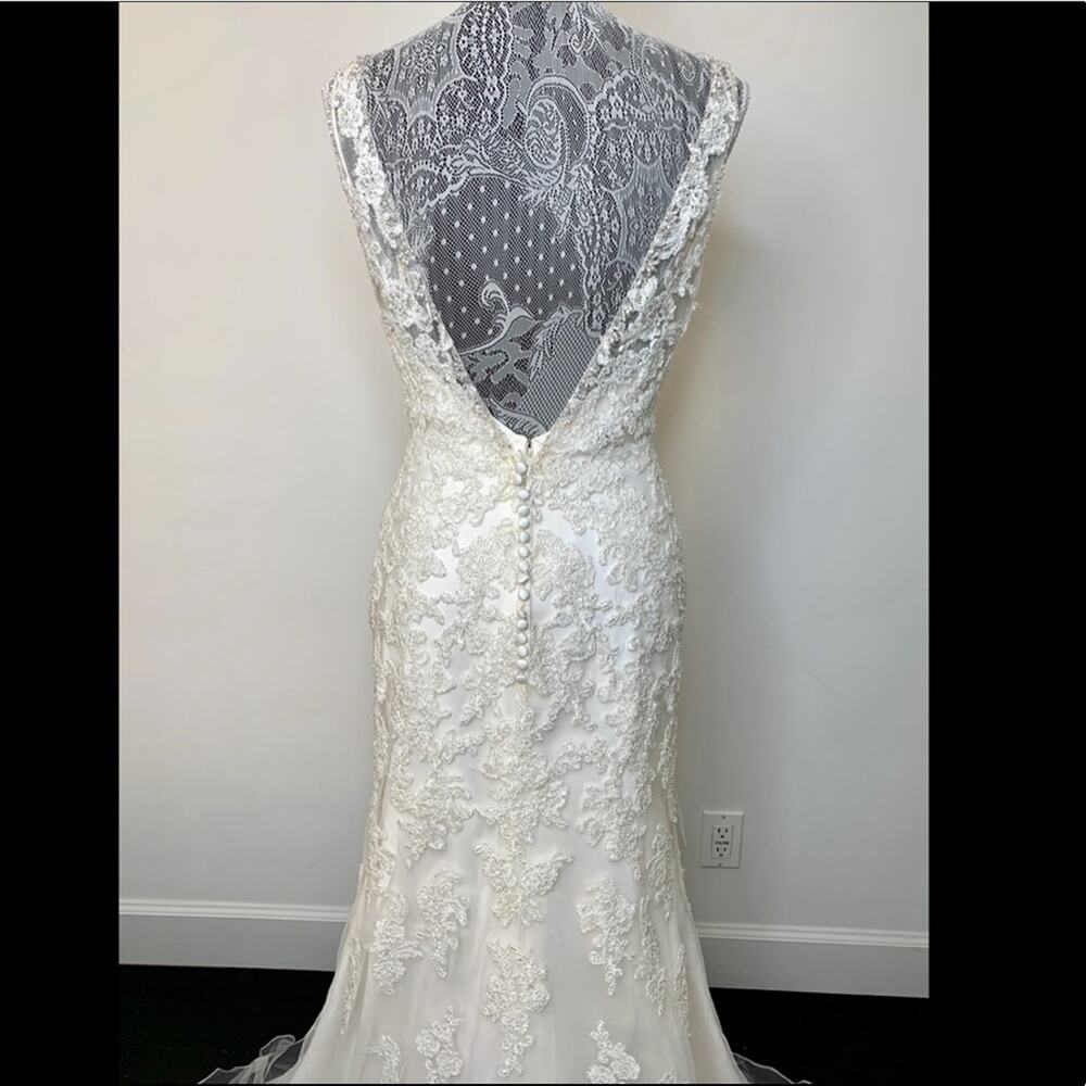 Mia Solano ‘Cate’ Ivory V Neck Beaded Sleeveless Backless Sheath Wedding Dress - Picture 8 of 9